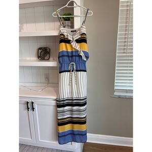Amissima Striped Ruffle Maxi Dress Multicolor Sleeveless Drawstring Waist Sz 14